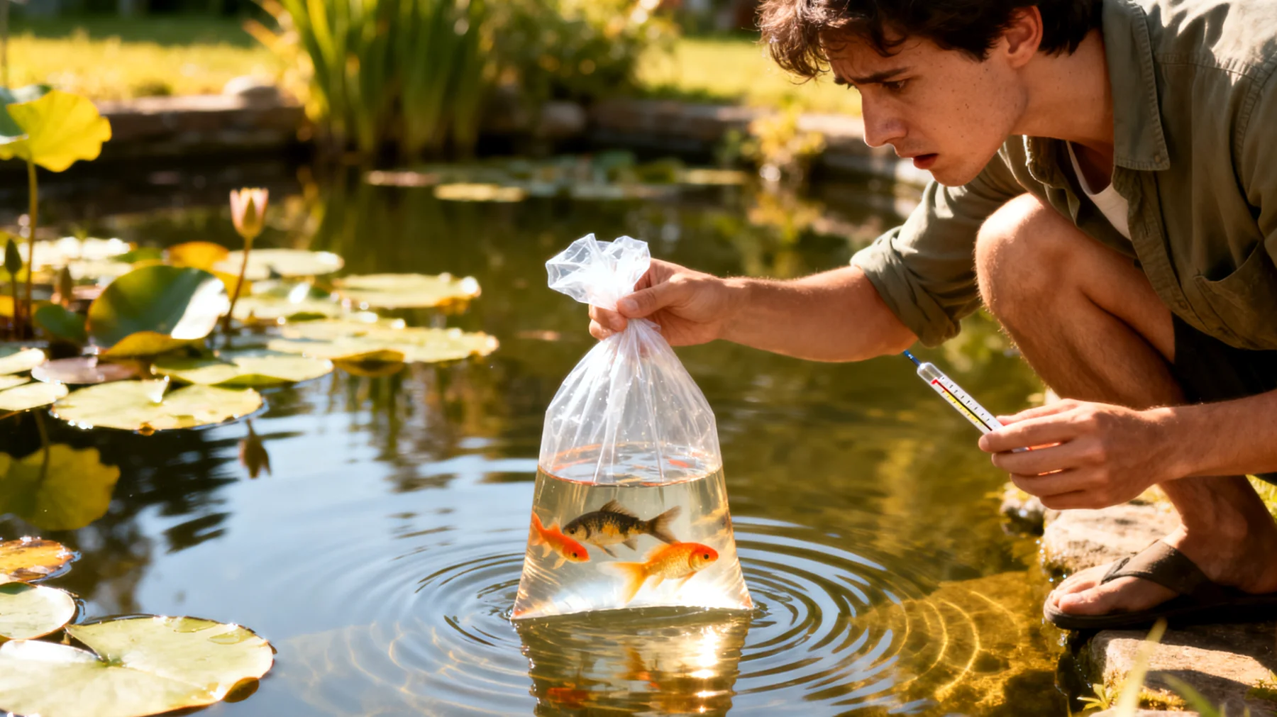 Viele Fischbesitzer wissen nicht, wie sie neu adoptierte Fische richtig in ihren Gartenteich eingewöhnen sollen, was zu Stress, Krankheiten oder sogar zum Tod der Tiere durch Temperaturschock oder unzureichende Akklimatisierung führen kann"